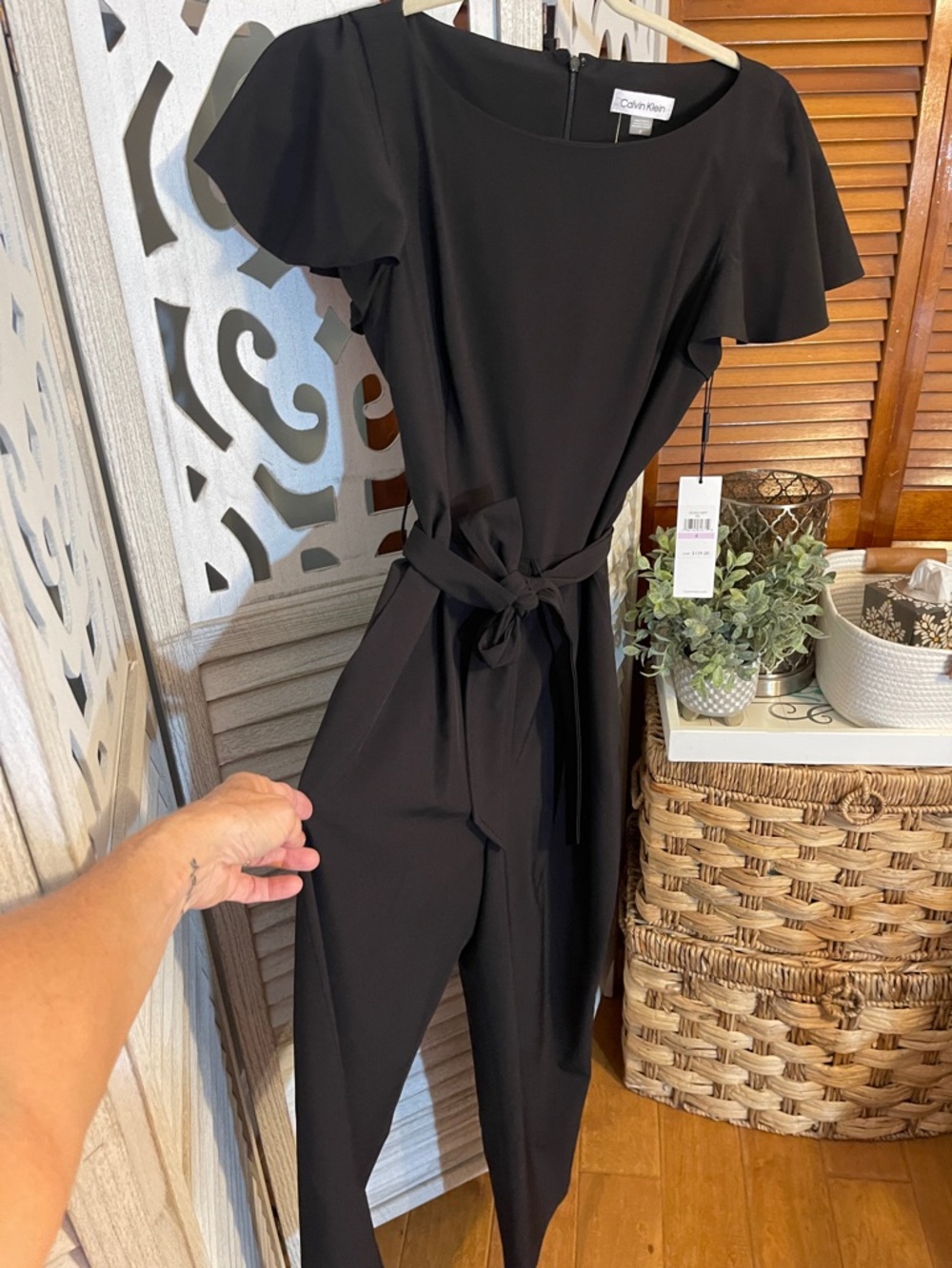 Calvin Klein Black Tie-Waist Flutter-Sleeve Jumpsuit
